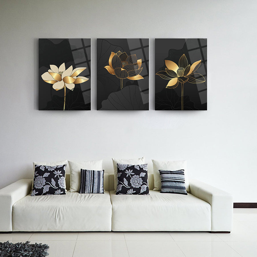 Onsetya Çiçeği 3'lü set cam tablo, modern dekorasyon için şık çiçek desenleriyle.