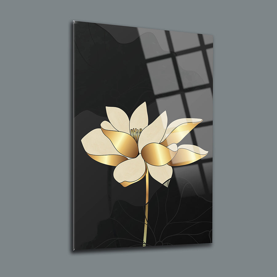Onsetya Çiçeği Cam Tablo: Modern tasarım, zarif lotus çiçeği, 4 mm kalınlıkta yüksek kaliteli cam.
