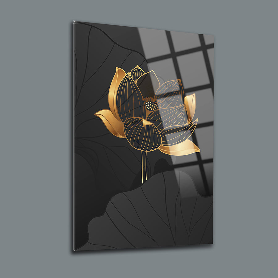 Onsetya Çiçeği 3'lü set cam tablo, zarif altın renkli lotus tasarımı, şık ev dekoru.