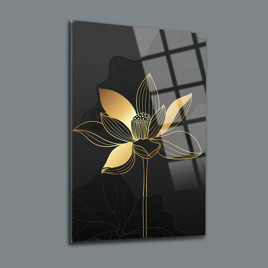 Onsetya Çiçeği 3'lü Set Cam Tablo, zarif altın lotus çiçeği tasarımı, yüksek kaliteli temperli cam.