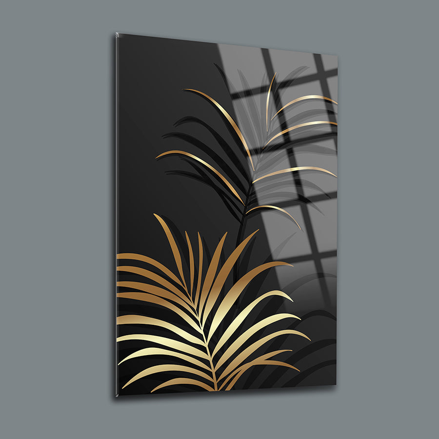 Altın yaprak desenli 3'lü set cam tablo, modern dekorasyon için şık ve dayanıklı tasarım.