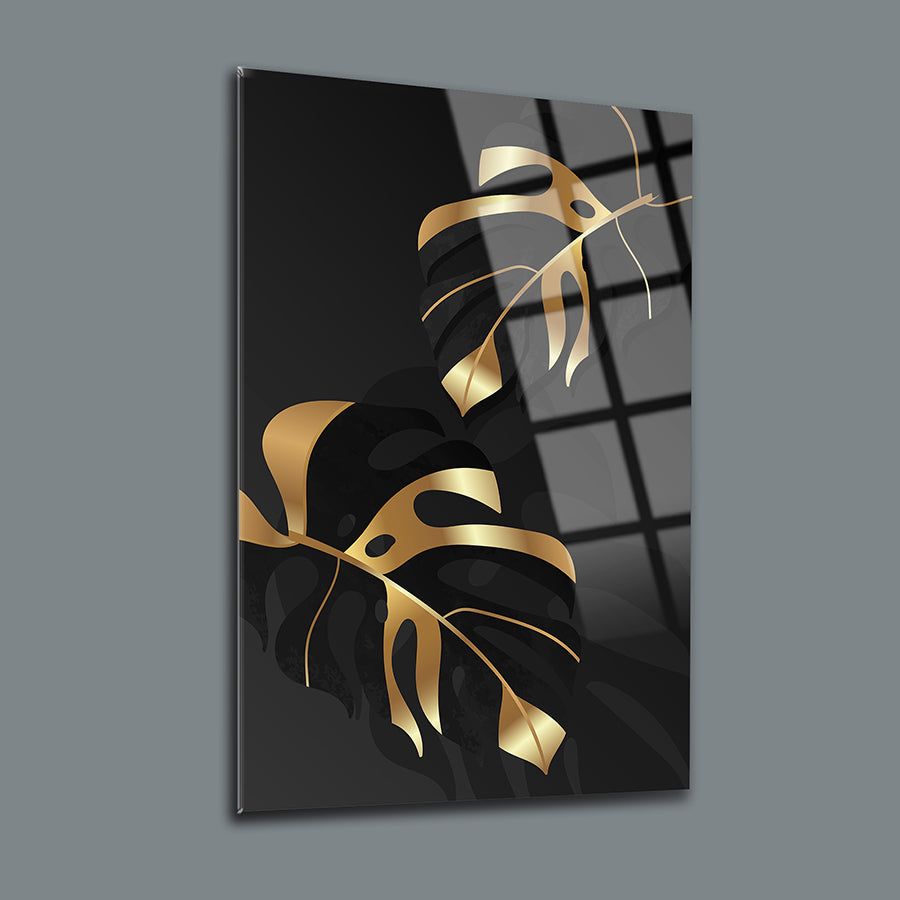 Altın yaprak desenli 3'lü set cam tablo, modern iç mekan dekorasyonu için şık bir parça.