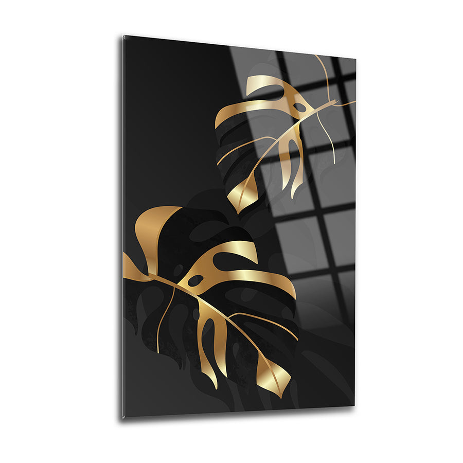 Altın yaprak desenli 3'lü set cam tablo, şık ve modern iç mekan dekorasyonu için ideal.