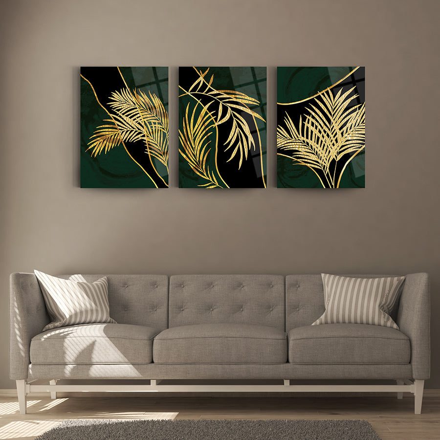 Altın İğne Yaprak 3'lü Set Cam Tablo, modern dekorasyon için şık ve zarif duvar sanatı.