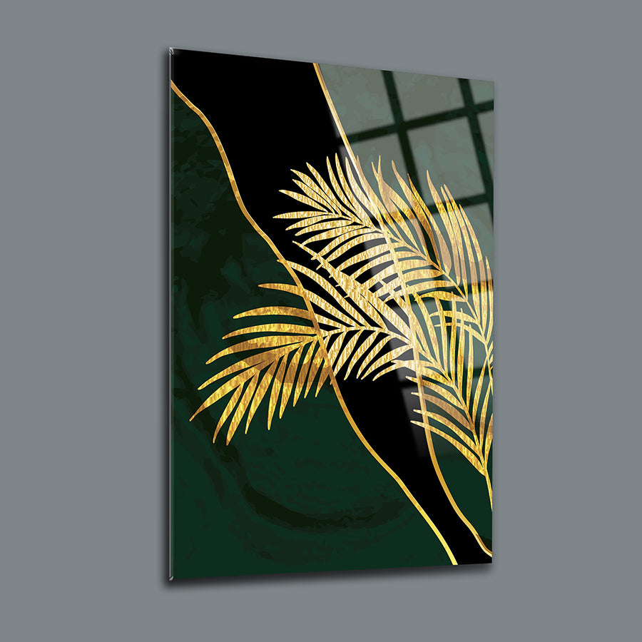 Altın iğne yaprak tasarımlı cam tablo, şık ve modern dekorasyon için ideal, UV baskı ile kaliteli görünüm.
