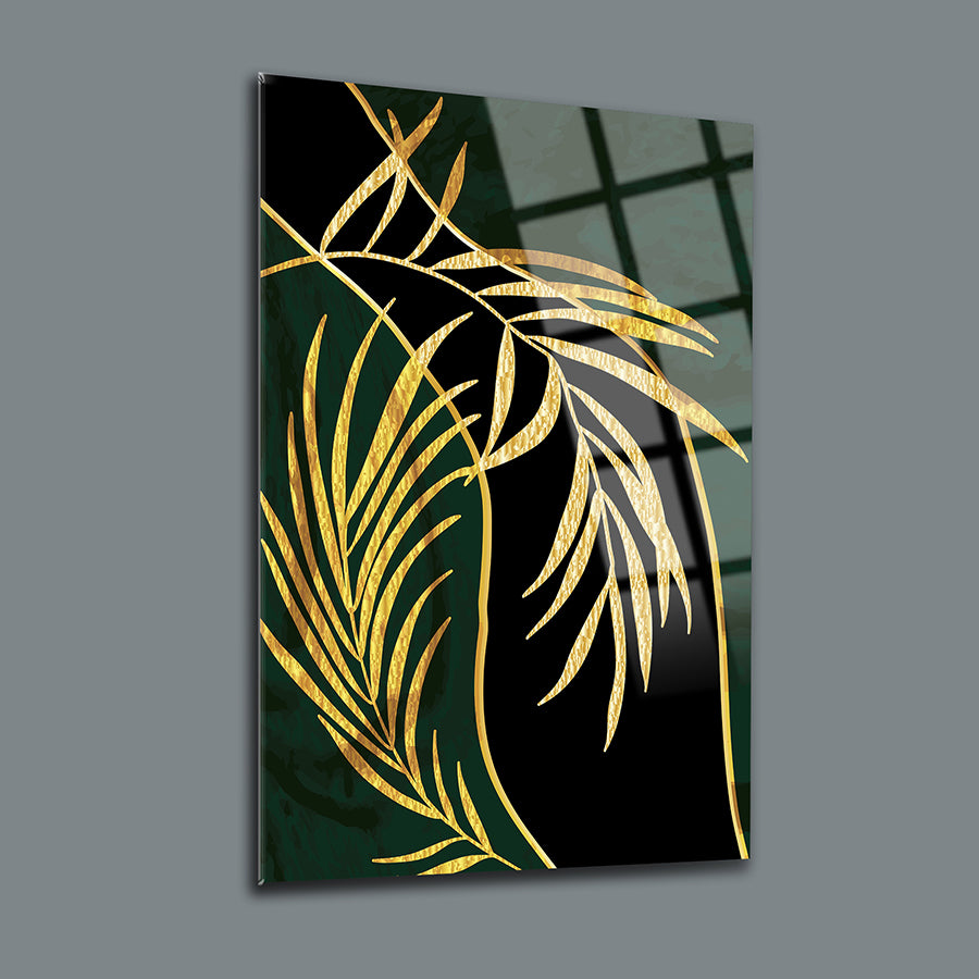 Altın İğne Yaprak 3'lü Set Cam Tablo, UV baskı ile tasarlanmış şık ve dayanıklı dekoratif tablo.