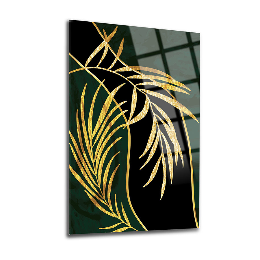 Altın İğne Yaprak 3'lü Set Cam Tablo, zarif ve şık tasarım, UV baskı ile yüksek kaliteli cam yüzey.
