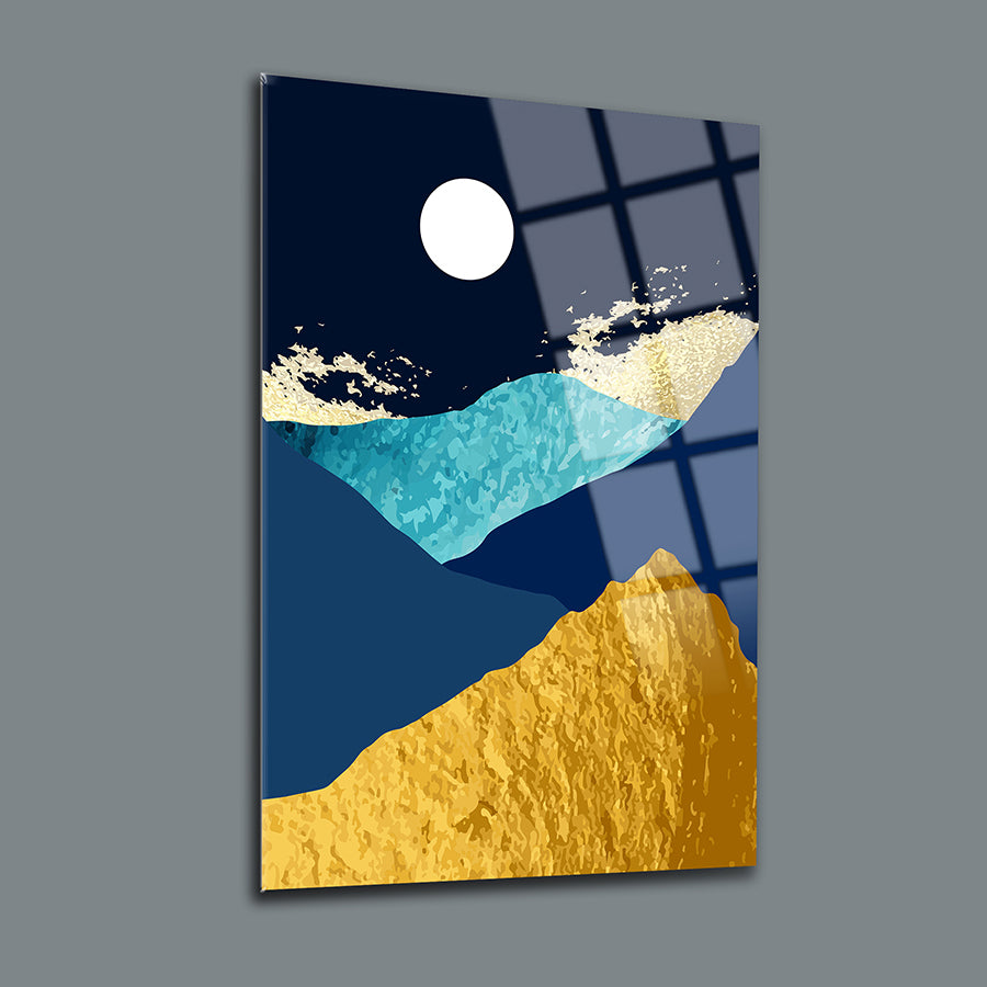 Mavi Altın Dağlar cam tablo; modern sanat, yüksek kaliteli UV baskı, şık dekoratif parça.