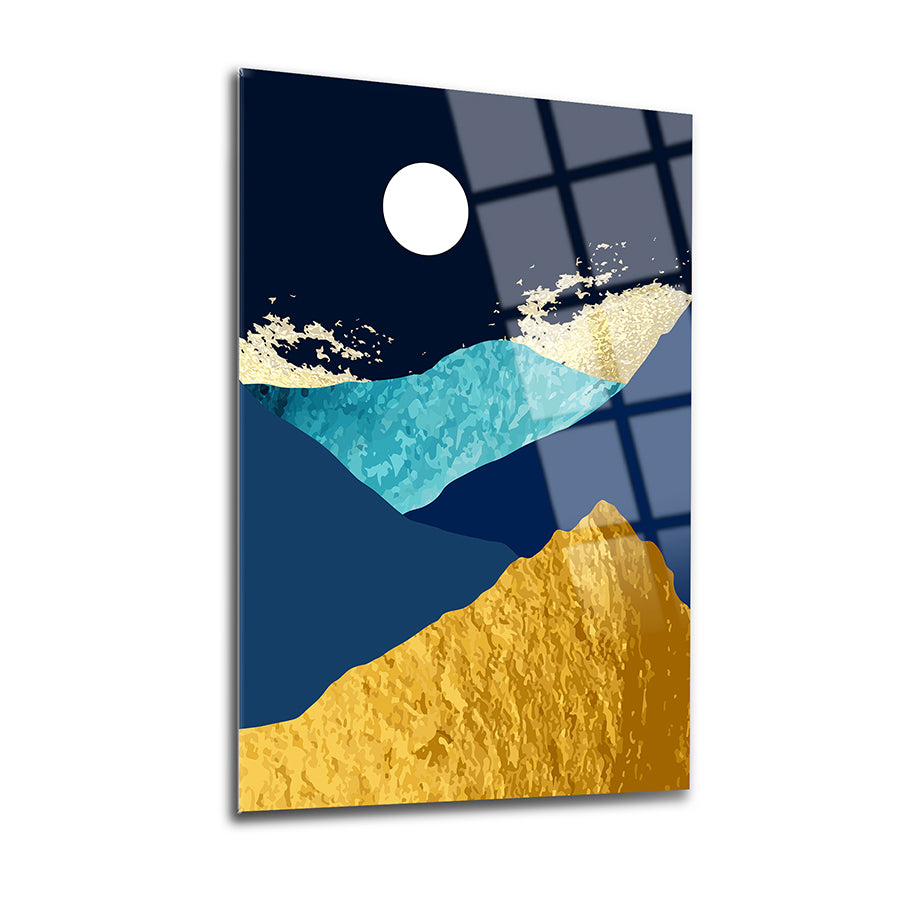 Mavi Altın Dağlar 3'lü Set Cam Tablo - modern tasarım, yüksek kaliteli temperli cam, 4 mm kalınlığında, UV baskı.