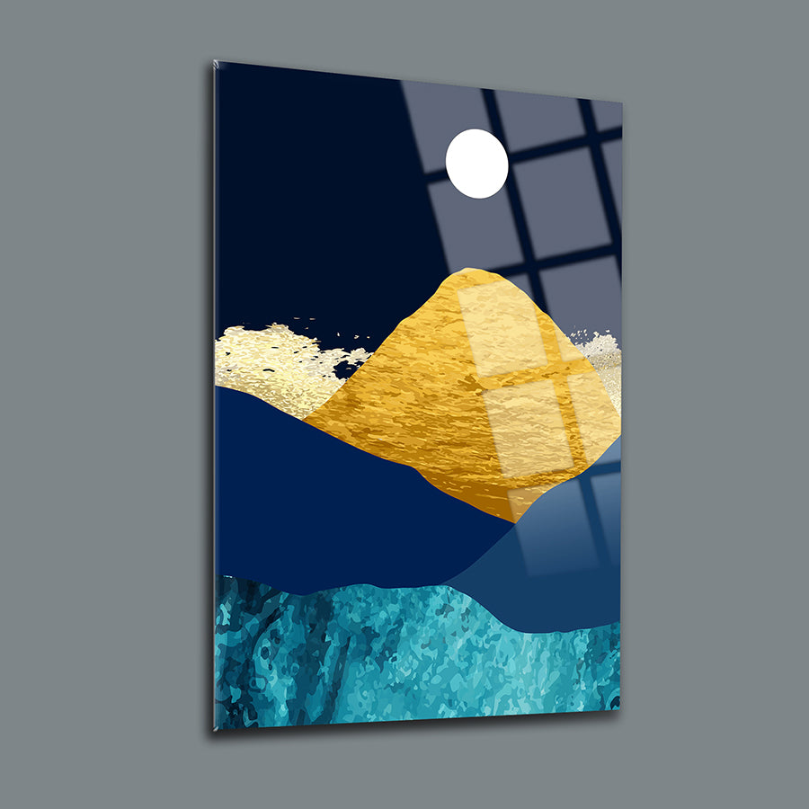 Mavi Altın Dağlar cam tablo, modern tasarım, 4 mm kalınlığında yüksek kaliteli cam, dekoratif duvar sanat eseri.