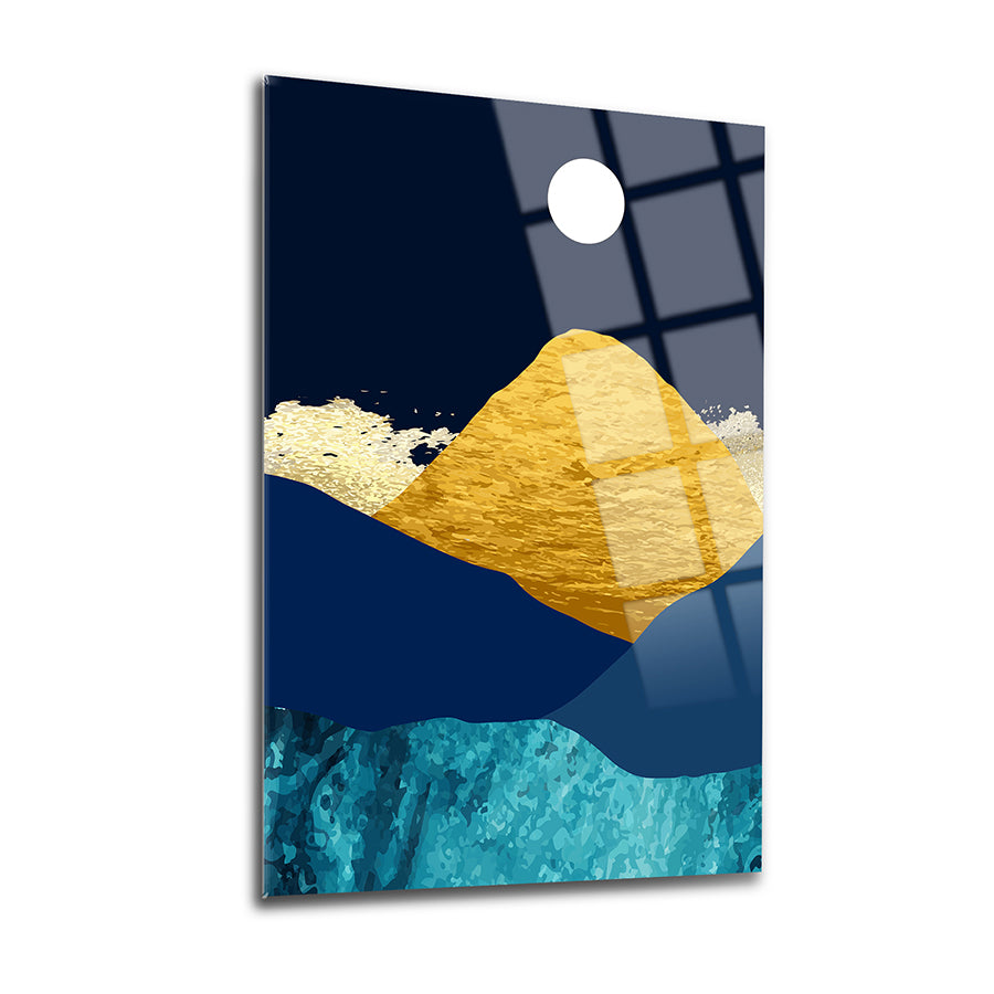 Mavi Altın Dağlar 3'lü Set, modern cam tablo, renkli dağlar ve su dalgaları, şık dekoratif aksesuar.