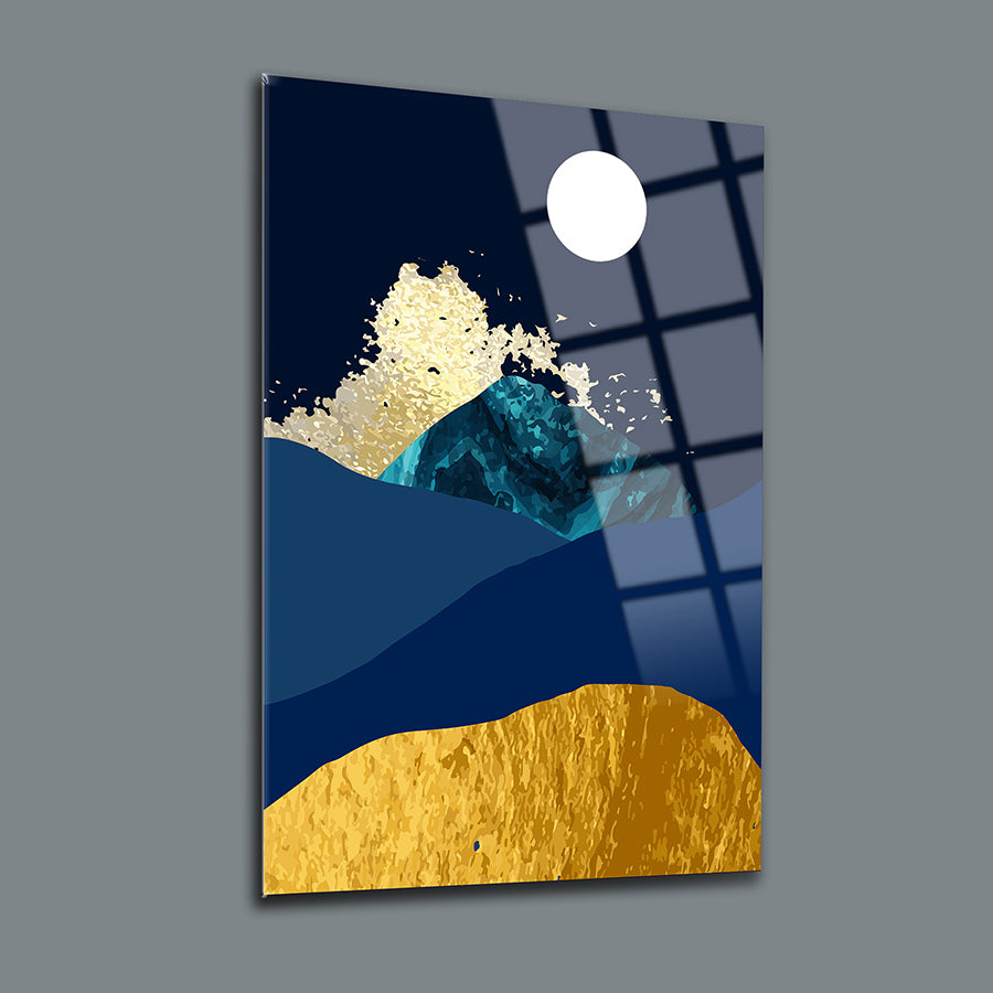 Mavi Altın Dağlar 3'lü Set Cam Tablo, modern tasarım, UV baskı, yüksek kaliteli temper cam, şık dekorasyon.