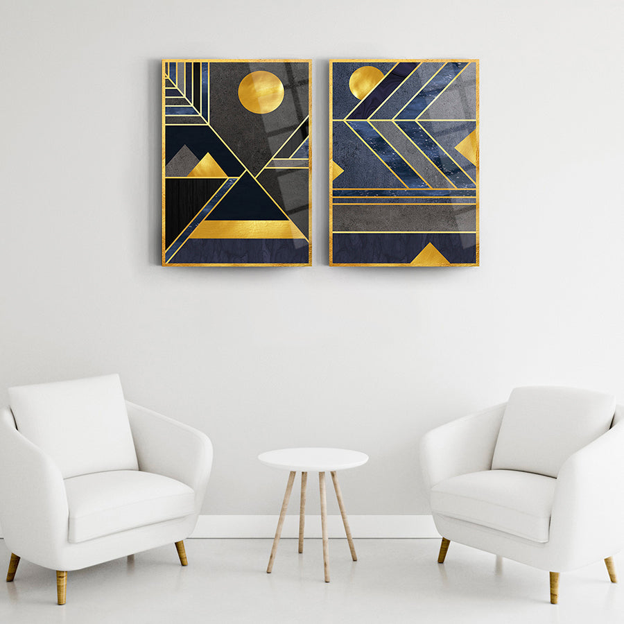 Geometrik Desen-7 2'li Set Cam Tablo, modern sanat, şık dekor, UV baskı, yüksek kaliteli cam tablolar.