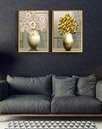 Elegant 2-piece glass art set featuring floral designs in white and yellow vases, adorns a modern living room.