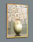 Elegant glass tableau featuring a white vase adorned with intricate roses, perfect for home decor.