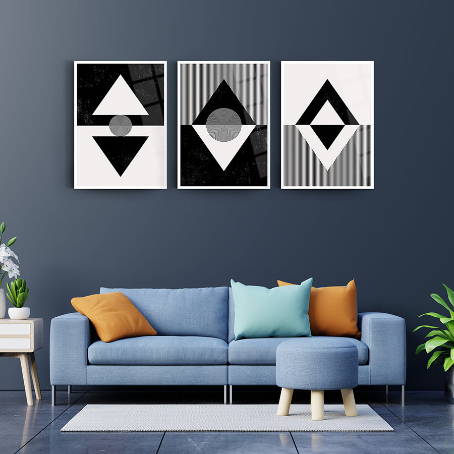 Geometrik desenli 3lü set cam tablo, modern oturma odası dekoru, zarif ve şık tasarım