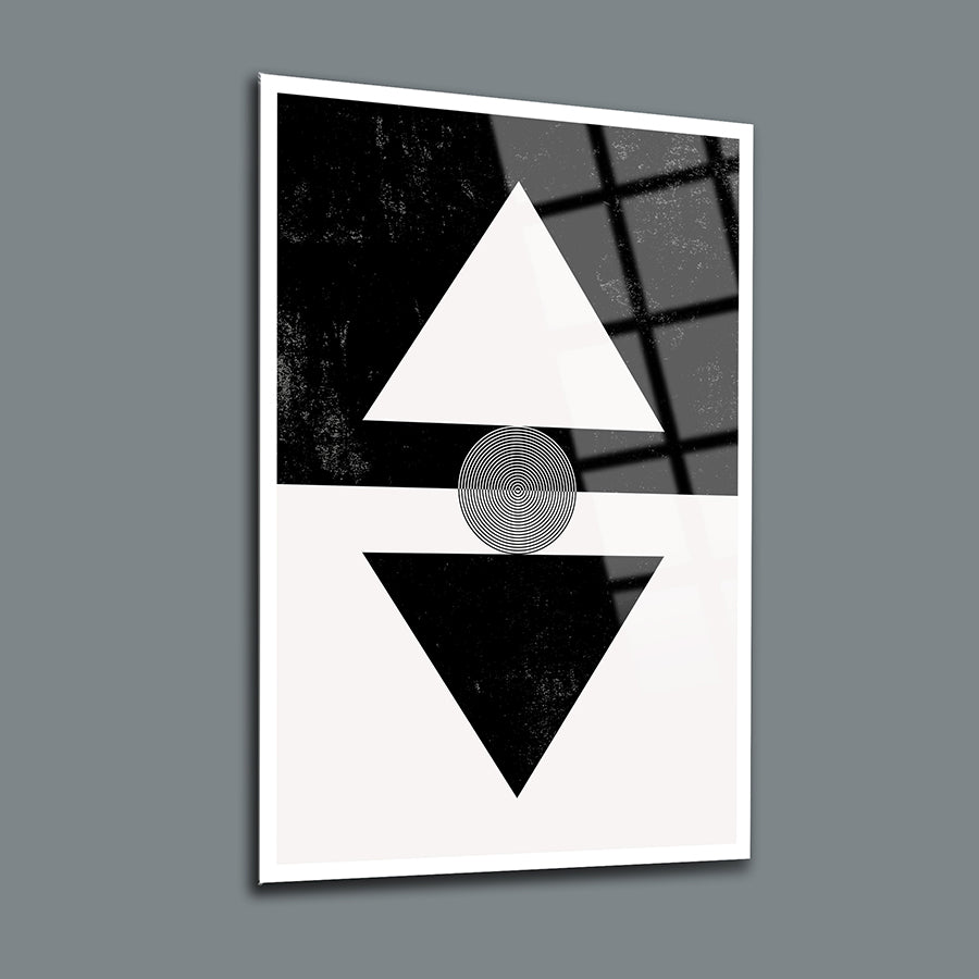 Geometrik Desen-9 3'lü Set Cam Tablo, modern tasarım, siyah beyaz geometrik şekiller ve UV baskı.