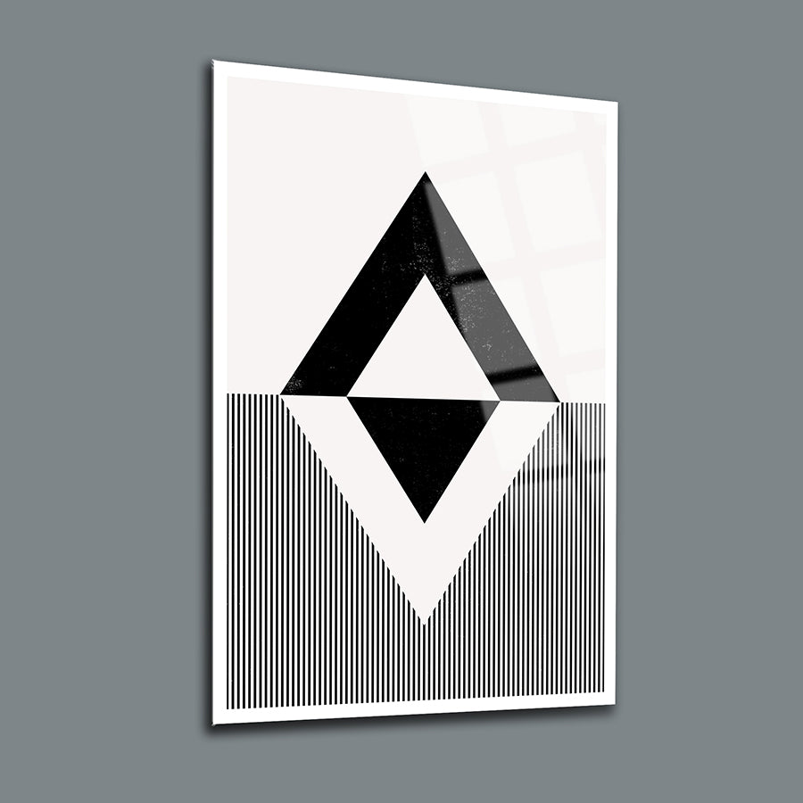 Geometrik Desen-9 Cam Tablo, modern tarzda siyah-beyaz desen, şık iç mekan dekorasyonu için ideal.