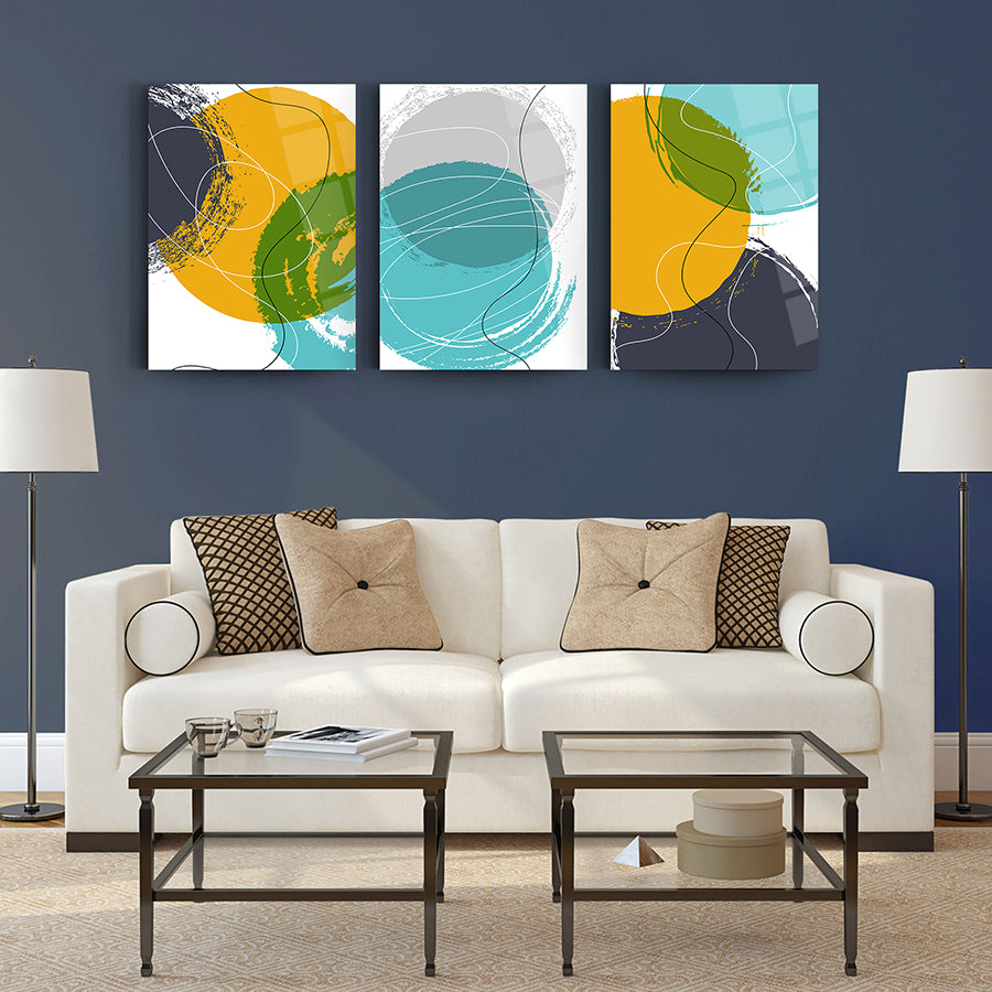 Modern Kesişen Daireler 3'lü Set Cam Tablo, şık oturma odası dekorasyonu için ideal.