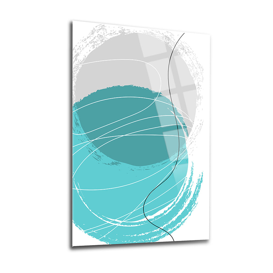 Modern abstract glass art in teal and gray circles, perfect for contemporary home decor.