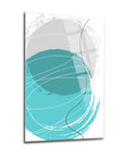 Modern abstract glass art in teal and gray circles, perfect for contemporary home decor.