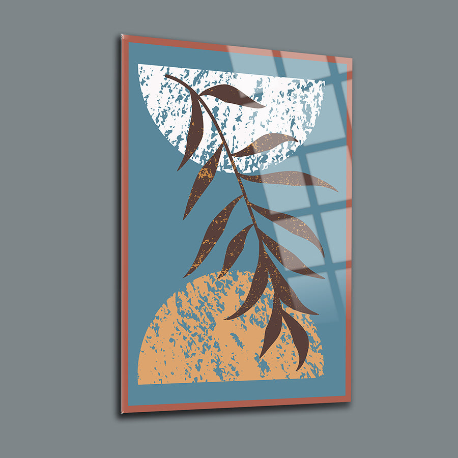 Stylish glass art featuring abstract leaf design with colorful circles, perfect for modern home decor.