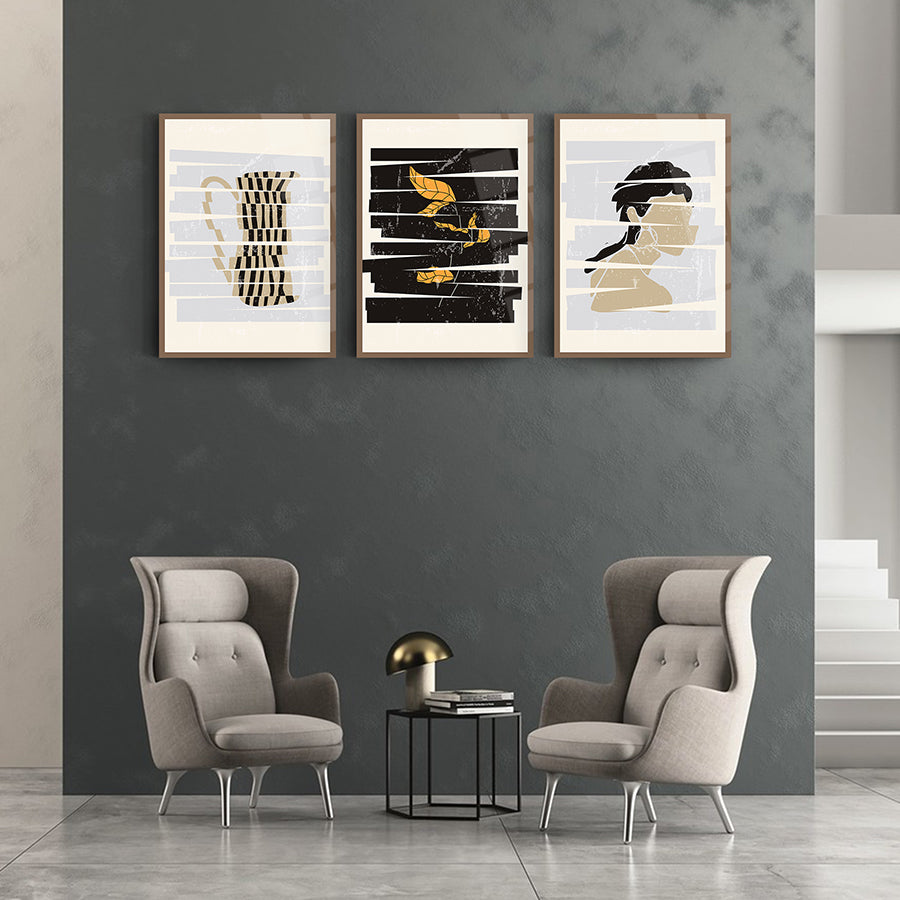 Three-piece wall art set featuring abstract portraits and shapes in elegant frames for stylish home decor.
