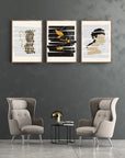 Three-piece wall art set featuring abstract portraits and shapes in elegant frames for stylish home decor.