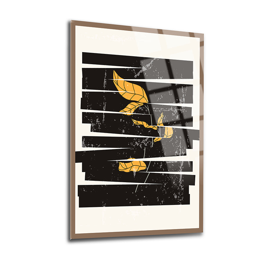 Parçalanmış Portreler 3'lü Set Cam Tablo, modern sanat eseri, sarı yapraklar ve soyut desenlerle, yüksek kaliteli cam üzerine UV baskı.