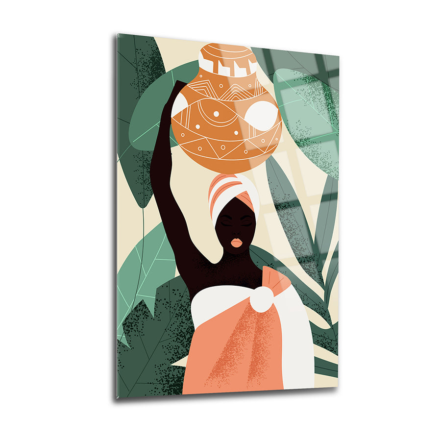 Afrikalı Kadın-2 3'lü Set Cam Tablo, elinde kap ile yeşillikler arasında duruyor.