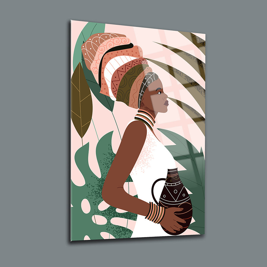Afrikalı kadın figürüyle sanatsal cam tablo, tropikal tasarımla dekoratif görünüm sağlıyor.
