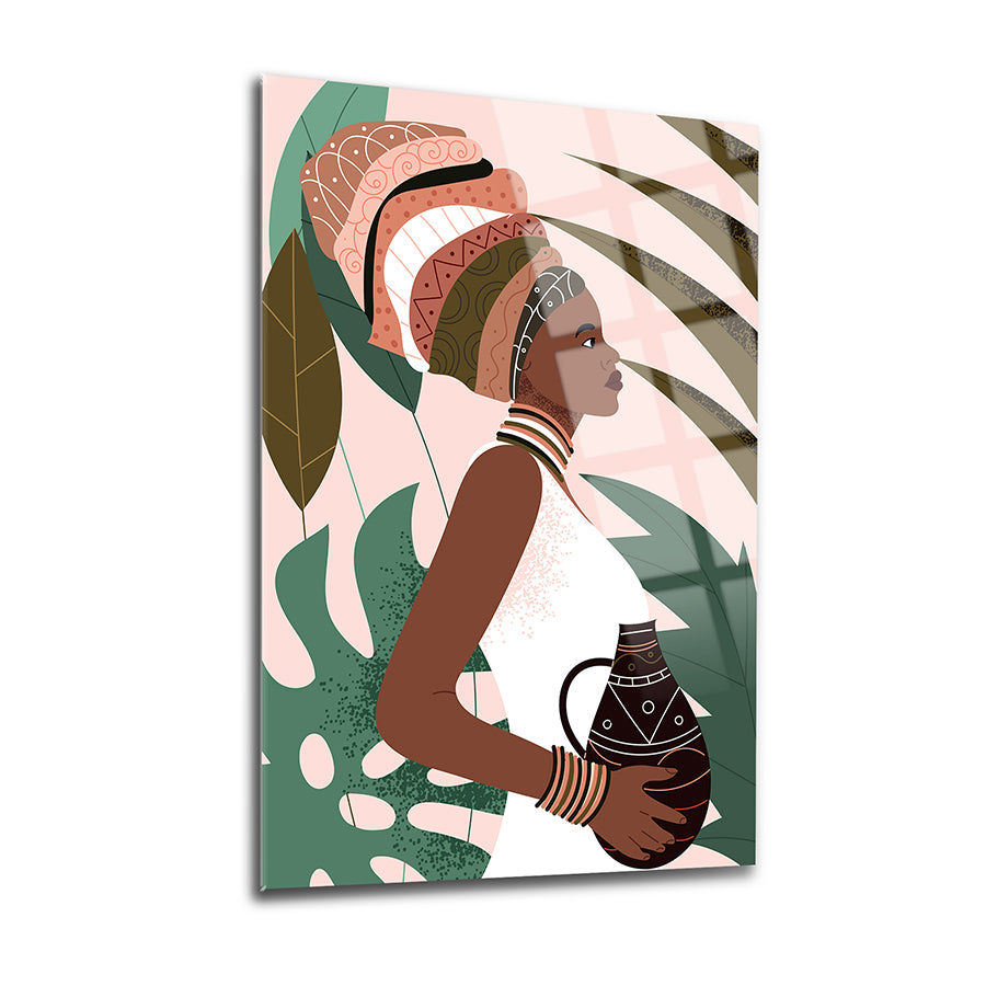 Afrikalı kadın figürü, geleneksel kıyafeti ve çömleği ile modern cam tablo sanatı.