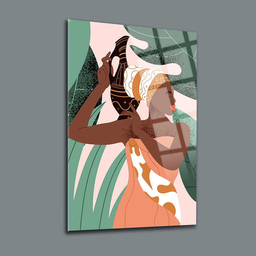 Afrikalı kadın temalı 3'lü set cam tablo, modern tasarım, sıcak tonlar ve doğa unsurlarıyla şık dekorasyon.