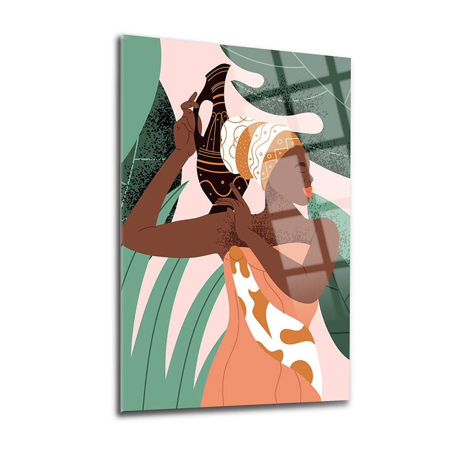 Afrikalı kadın temalı 3'lü set cam tablo, renkli hatlar ve doğal motiflerle tasarlandı.