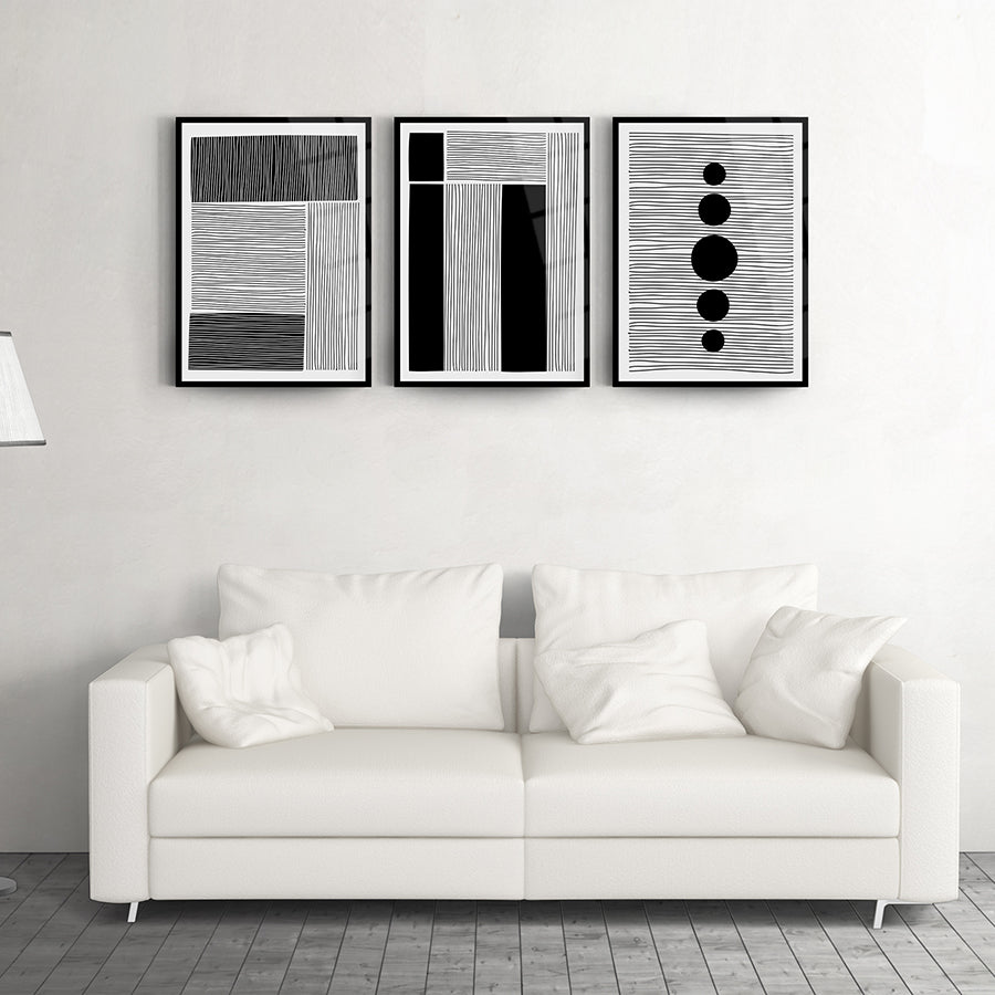 Soyut Desen-9 3'lü Set Cam Tablo, modern siyah beyaz duvar sanatı, şık oturma odası dekoru.