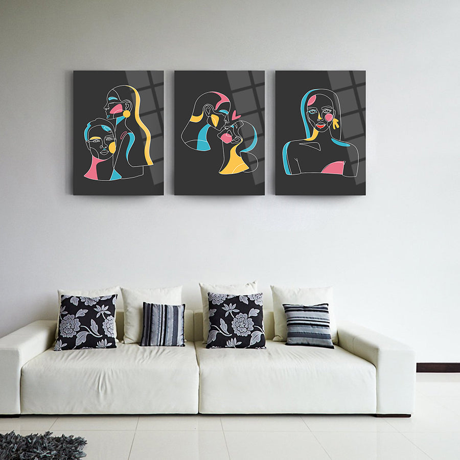 Bay Bayan-1 3'lü set cam tablo, modern sanat tasarımı ile şık oturma odası dekorasyonu.