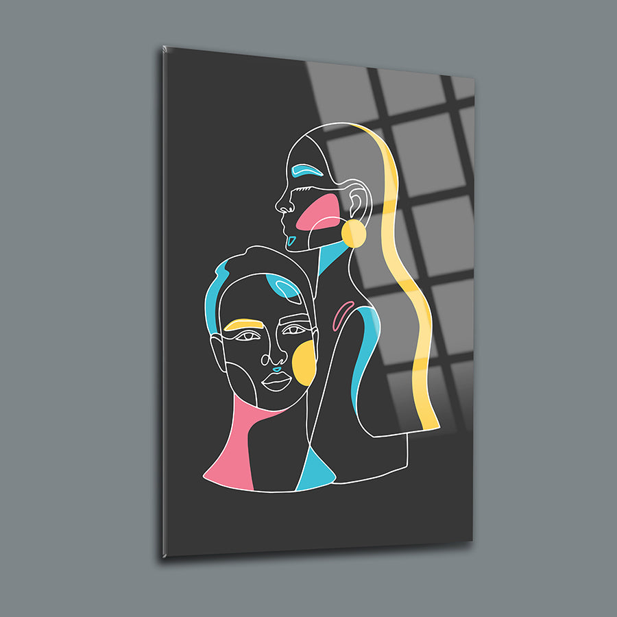 Modern SRD concept glass artwork featuring abstract faces in vibrant colors on a sleek black background.