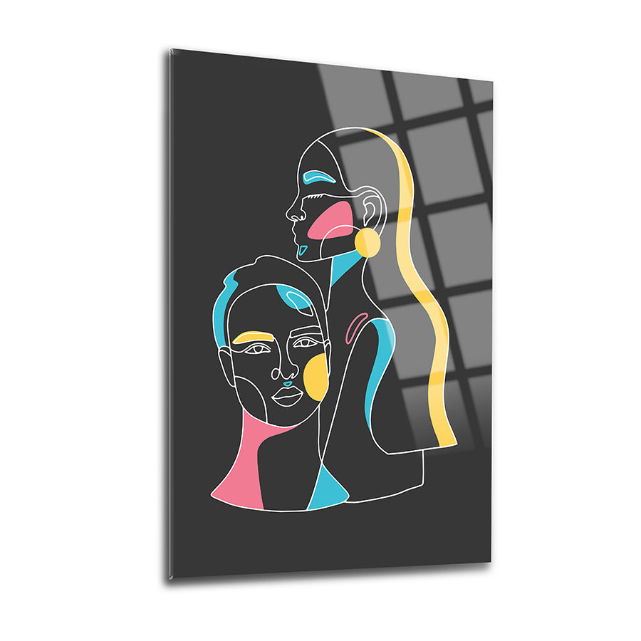 Stylish Bay Bayan-1 3'lü Set Cam Tablo featuring modern line art design with vibrant colors on a black background.