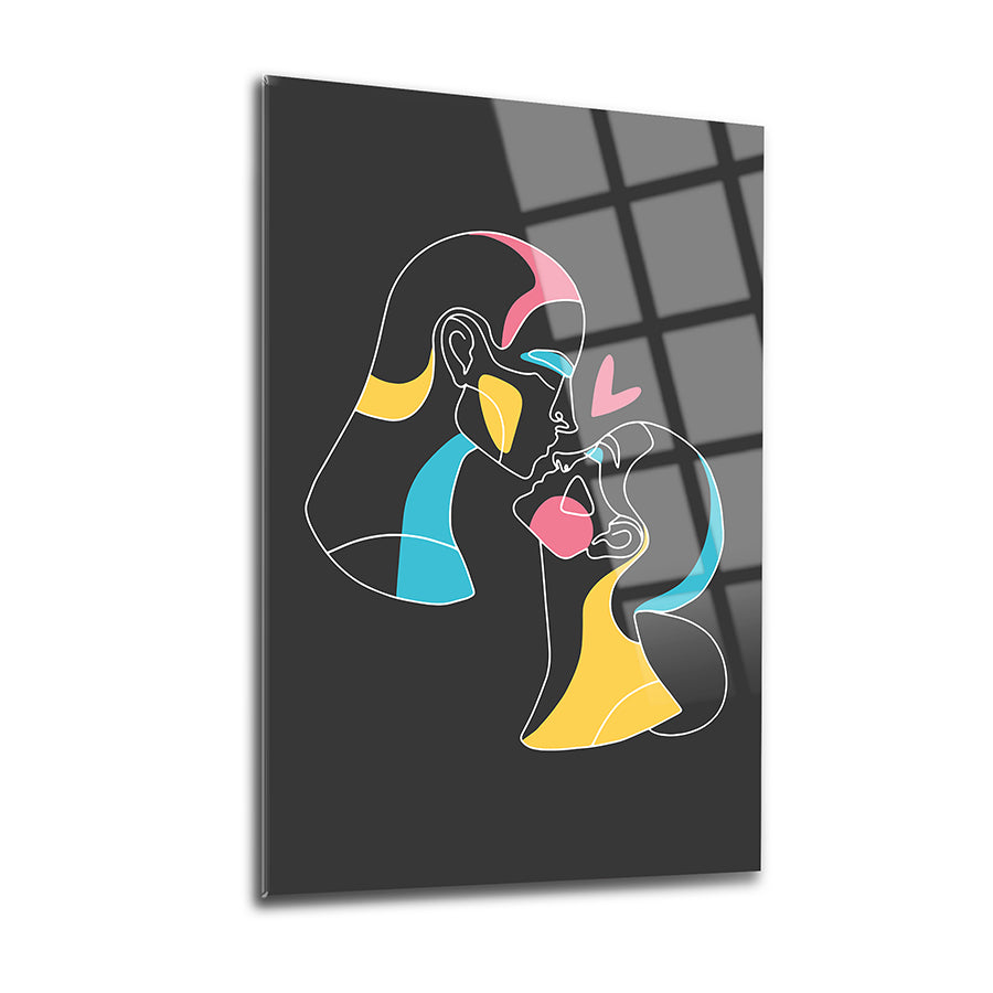Minimalist art print of two abstract faces kissing, featuring vibrant colors on a dark background.