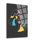 Minimalist art print of two abstract faces kissing, featuring vibrant colors on a dark background.