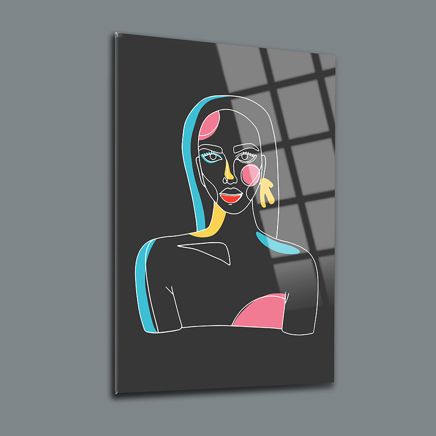 Stylish glass art depicting a modern woman outlined in vibrant colors on a sleek dark background.