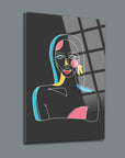 Stylish glass art depicting a modern woman outlined in vibrant colors on a sleek dark background.