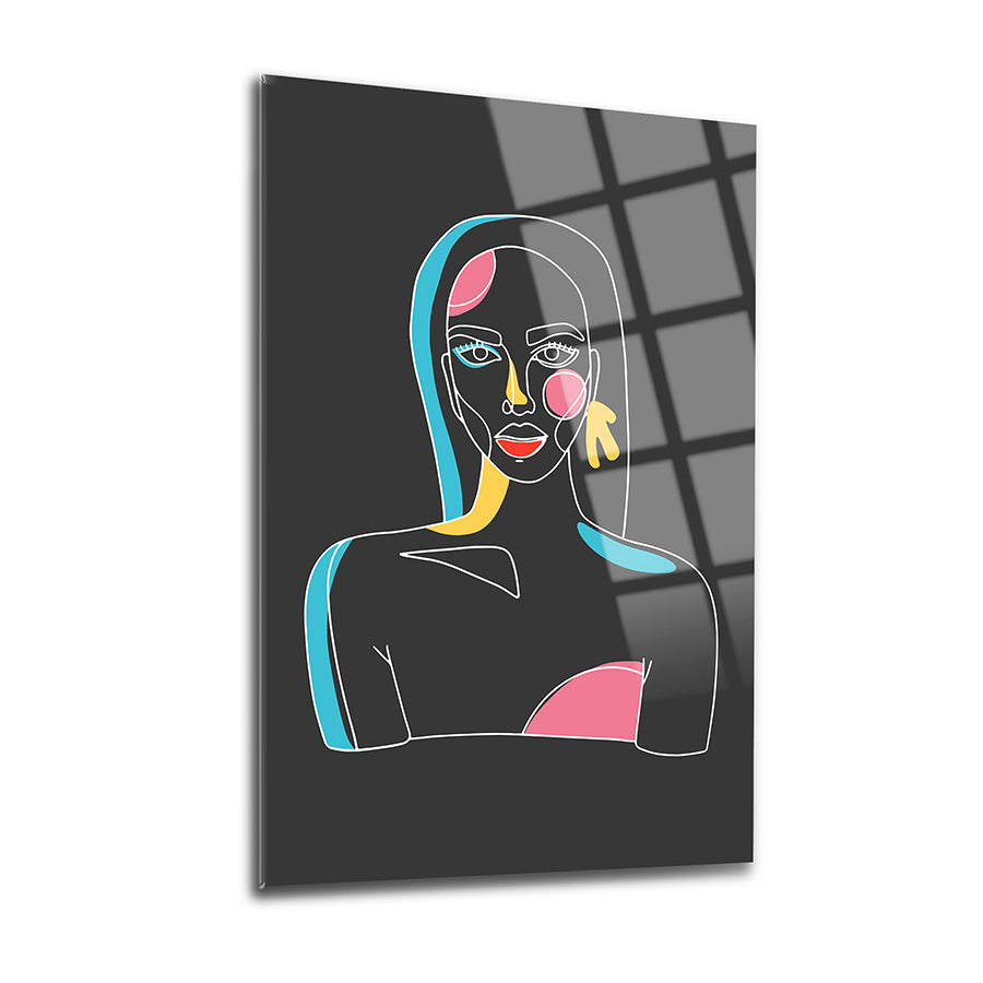 Bay Bayan-1 modern cam tablo, çizim tarzında kadın portresi, renkli ve zarif iç mekan dekorasyonu.