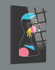 Modern art portrait of a woman's profile with colorful geometric shapes on a sleek black background.