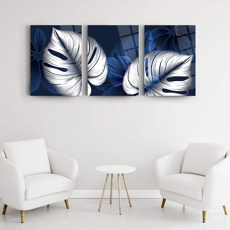 Mavi Beyaz yapraklar 3'lü set cam tablo, zarif tasarım ve modern dekor için ideal.