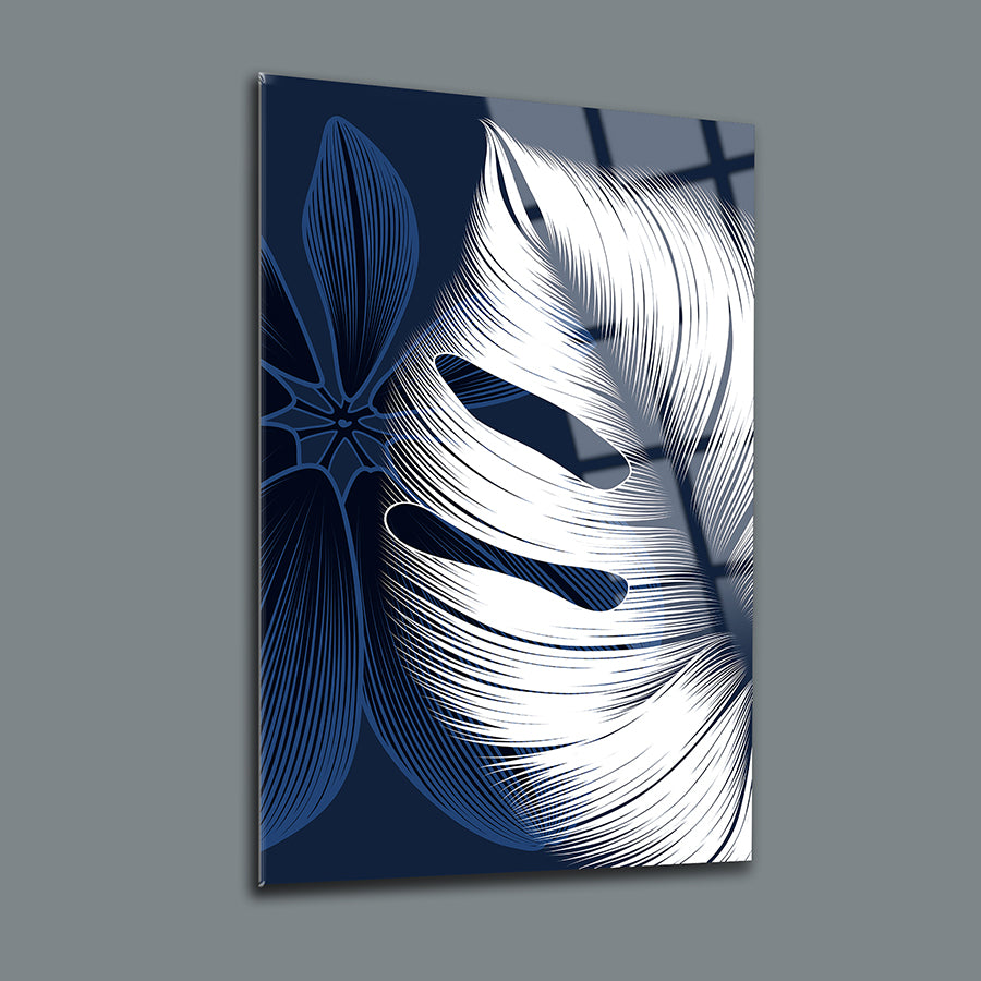 Mavi beyaz yapraklar temalı şık cam tablo, modern ev dekorasyonu için ideal.