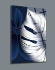 Mavi beyaz yapraklar temalı şık cam tablo, modern ev dekorasyonu için ideal.