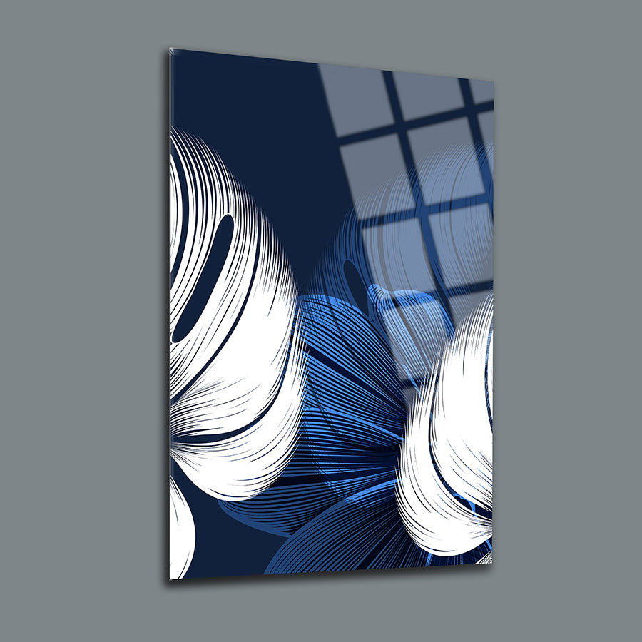 Mavi Beyaz Yapraklar Cam Tablo, şık ve modern tasarım, dayanıklı camdan, dekoratif duvar sanatı.