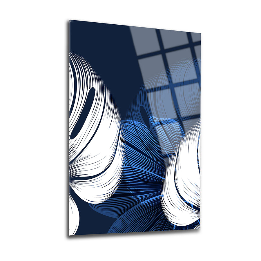 Mavi beyaz yapraklar tasarımlı 3'lü set cam tablo, şık ve modern dekorasyon için ideal.