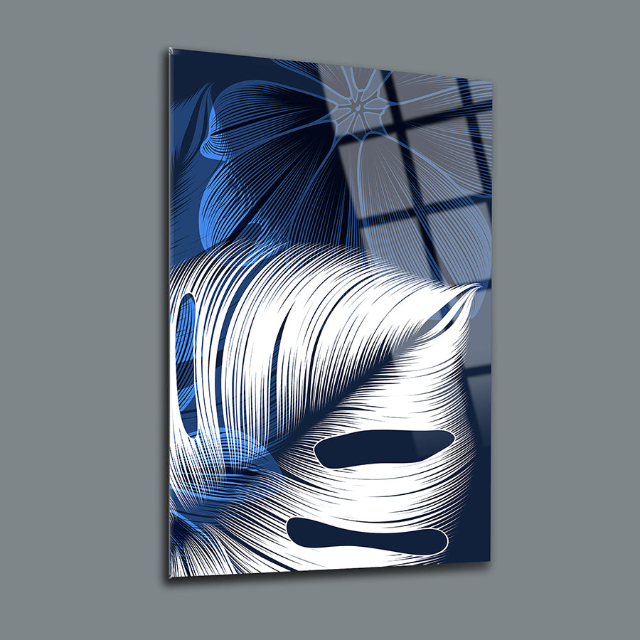 Mavi beyaz yaprak desenli 3'lü set cam tablo, şık ve modern dekorasyon için ideal.